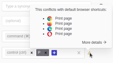 CommandBar Editor warning on a keyboard shortcut, showing that the shortcut "ctrl+p" conflicts with the default browser shortcut for "Print page" on Chrome, Firefox, Edge, and Opera.