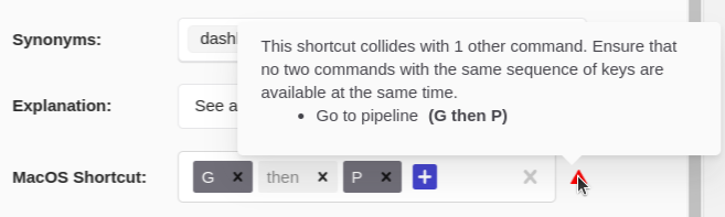 CommandBar Editor warning on a keyboard shortcut, showing that the shortcut "G THEN P" collides with the shortcut for another command.