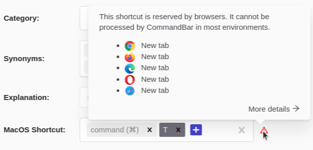 CommandBar Editor warning on a keyboard shortcut, showing that the shortcut "command+t" conflicts with the default browser shortcut for "New tab" on Chrome, Firefox, Edge, Opera, and Safari.