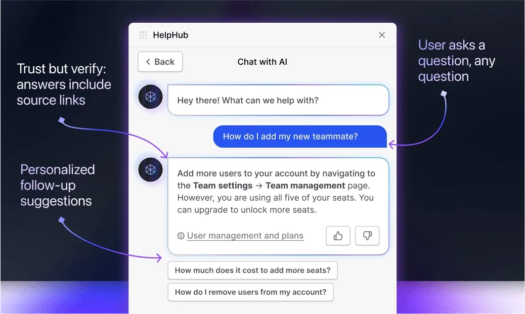 Example AI chat, highlighting answer sources and personalized follow-up suggestions