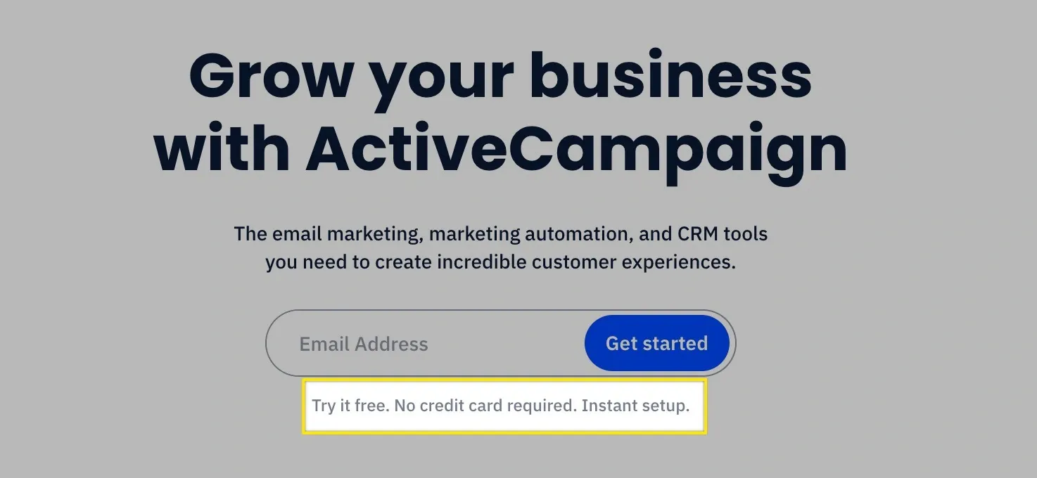 ActiveCampaign landing page, highlighting "try it free. No credit card required. Instant setup"