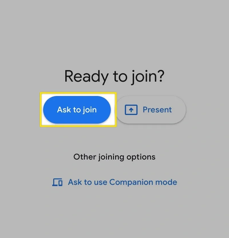 Google meet screen logged out, button "ask to join" highlighted