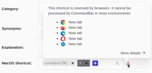 CommandBar Editor warning on a keyboard shortcut, showing that the shortcut "command+t" conflicts with the default browser shortcut for "New tab" on Chrome, Firefox, Edge, Opera, and Safari.