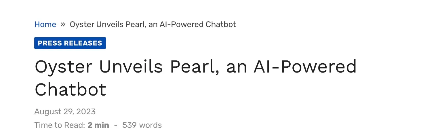 Screenshot of an article heading: "Oyster Unveils Pearl, an AI-Powered Chatbot"