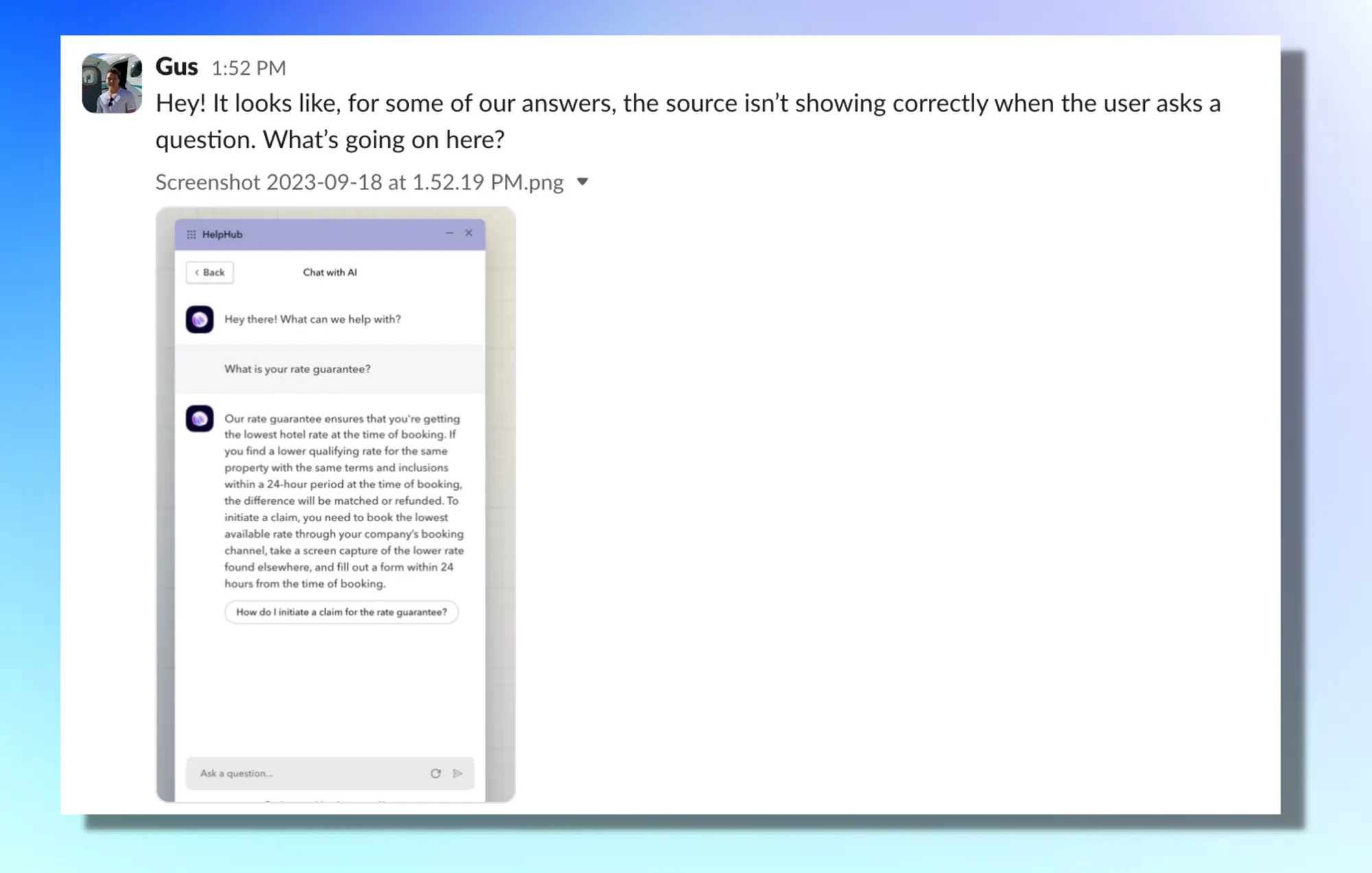 Screenshot of a Slack message of a HelpHub response.