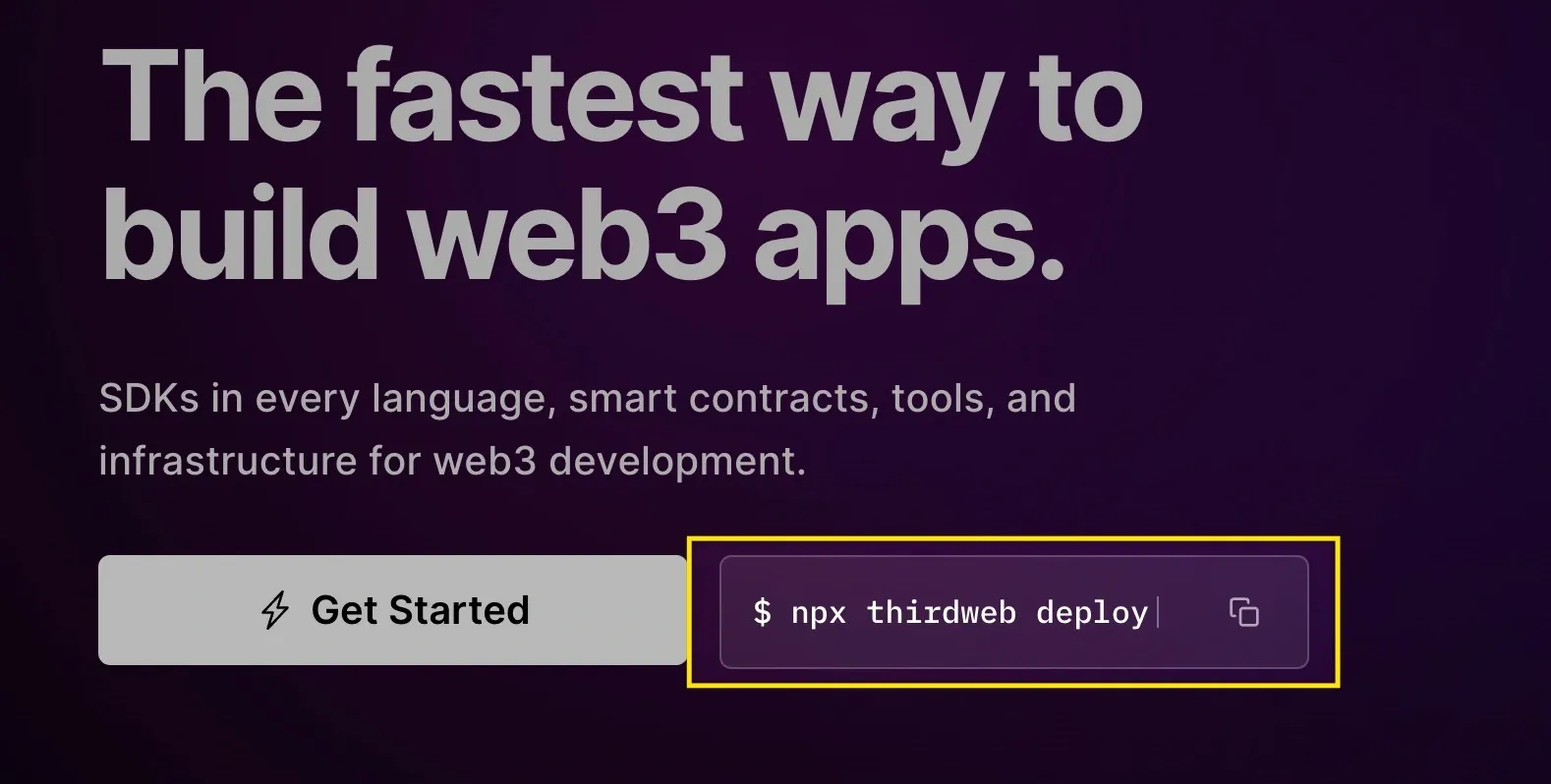 Thirdweb home page with $npx thirdweb deploy button highlighted