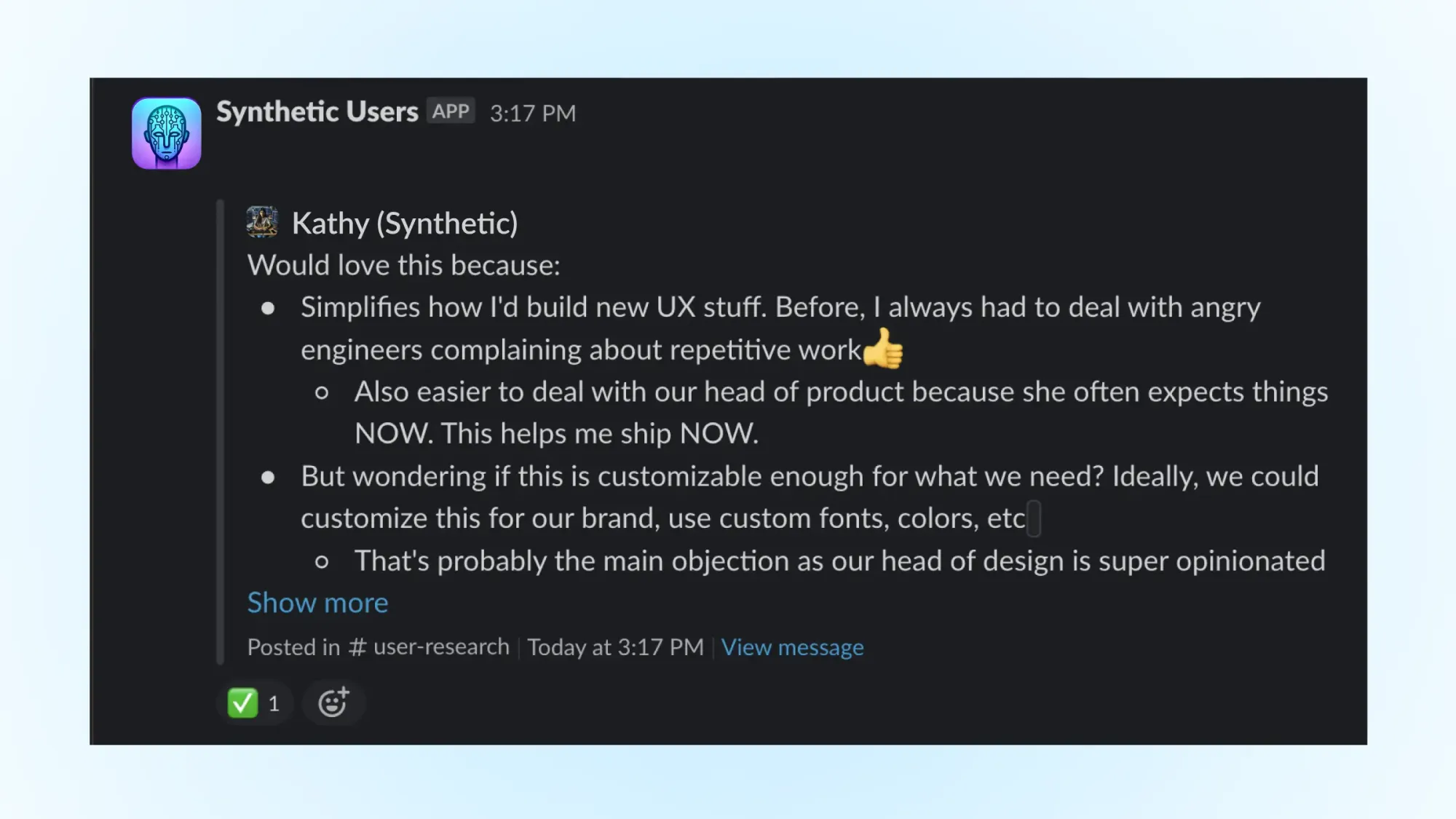 Synthetic Users Slack app response to UX research question