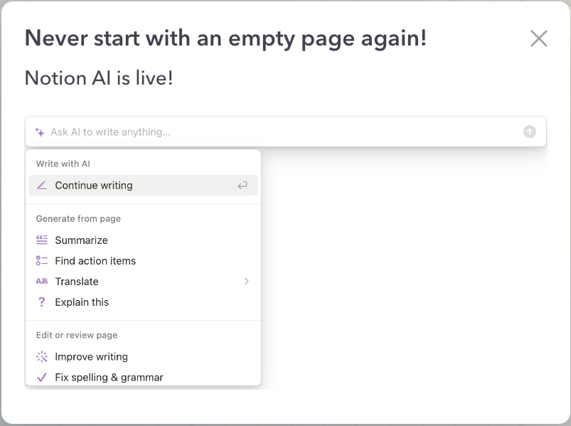 Notion AI announcement UX nudge