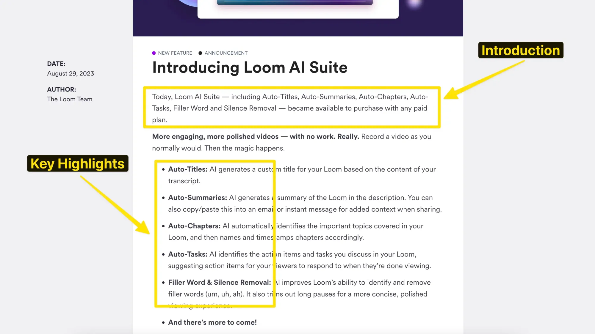 screenshot of loom release notes