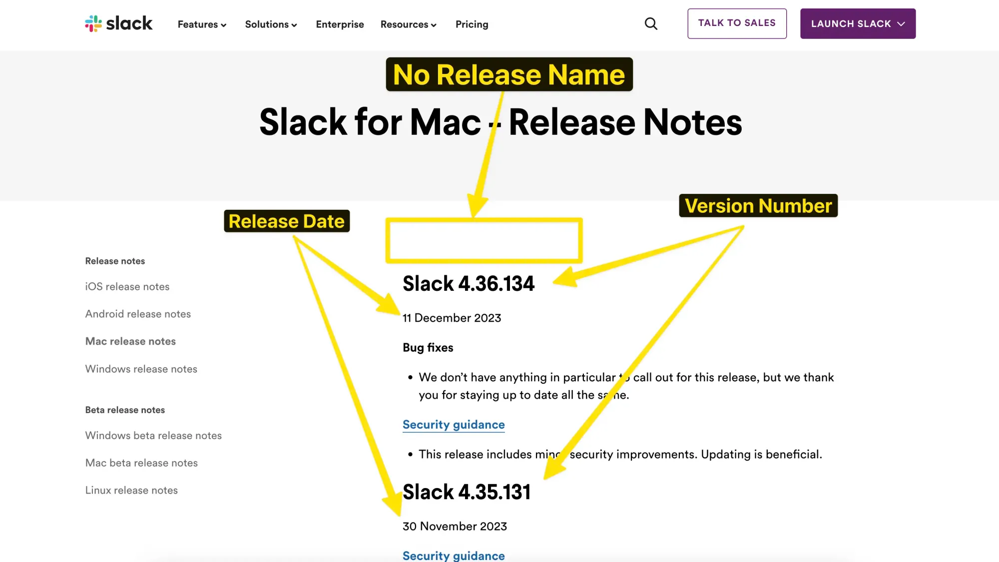 screenshot of slack release notes