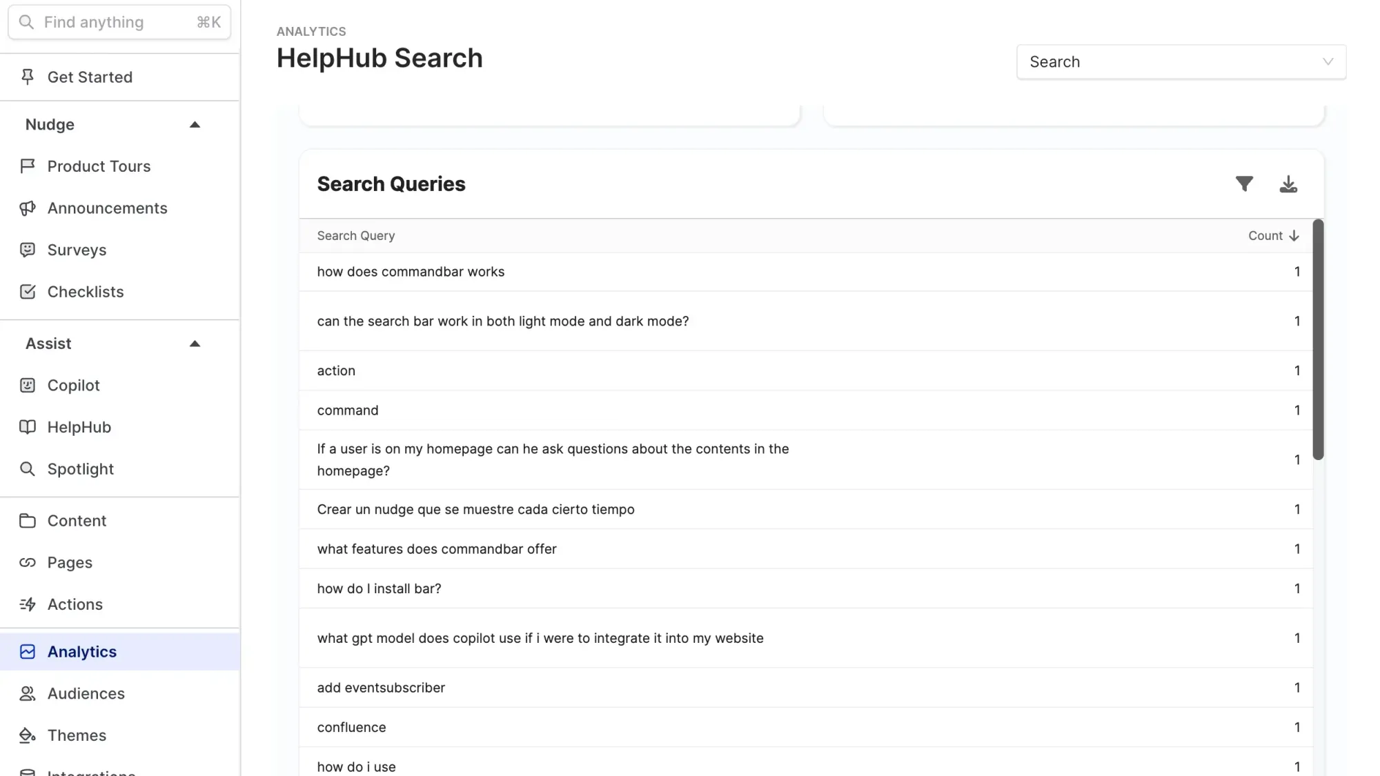 screenshot of search queries inside commandbar dashboard