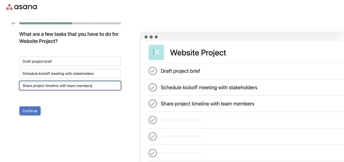 Interactive Asana onboarding where a user inputs project title and adds tasks, experiencing the platform firsthand.
