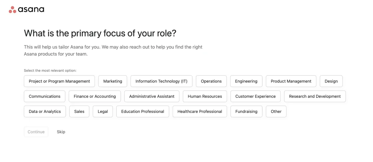 Asana onboarding screen prompting the user to select his/her role for personalized product recommendations.