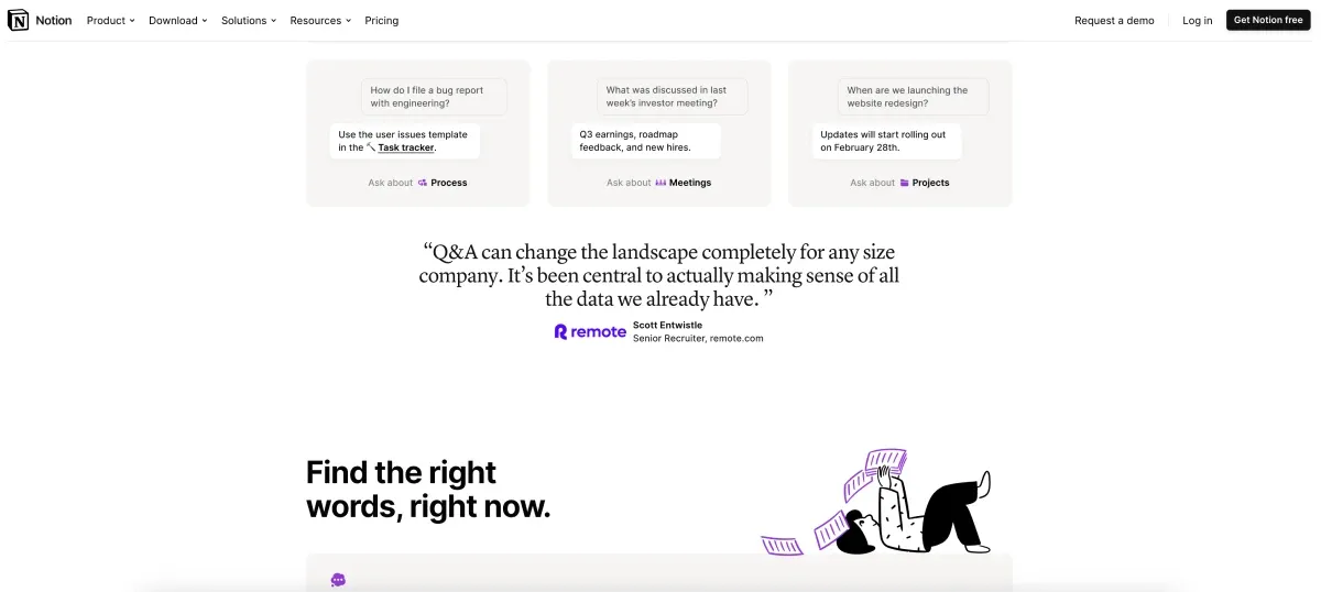 Notion uses targeted testimonials from their clients to highlight the benefits of Notion AI features on their product spotlight page.