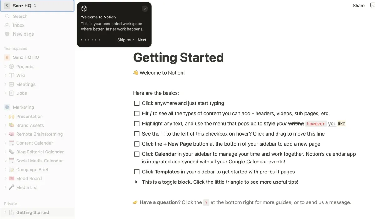 First-time Notion user sees helpful contextual tooltips that guide them through key features. 