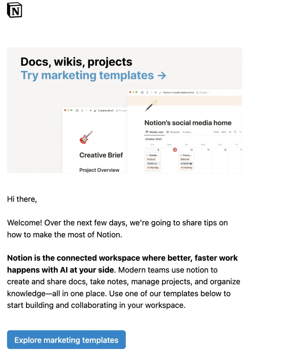 A welcome email from Notion to a first-time user.