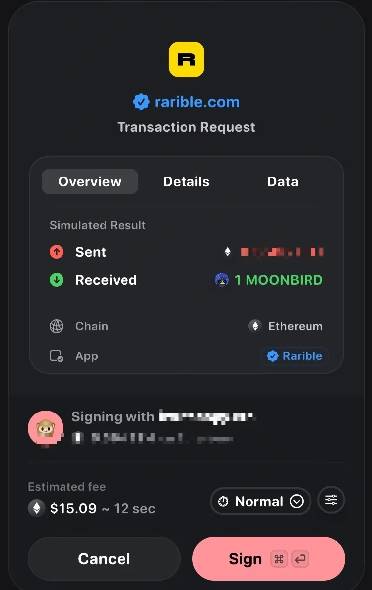 Rainbow wallet transaction screen