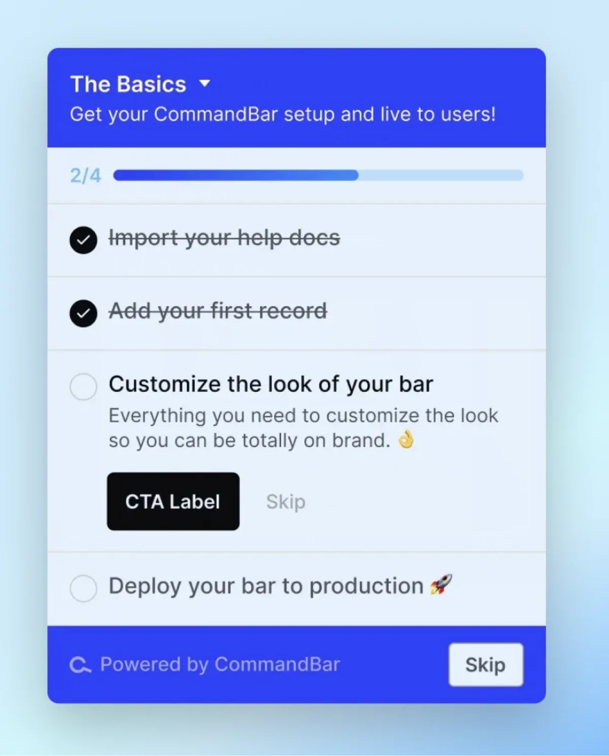 An example of a checklist made with CommandBar for a first-time user