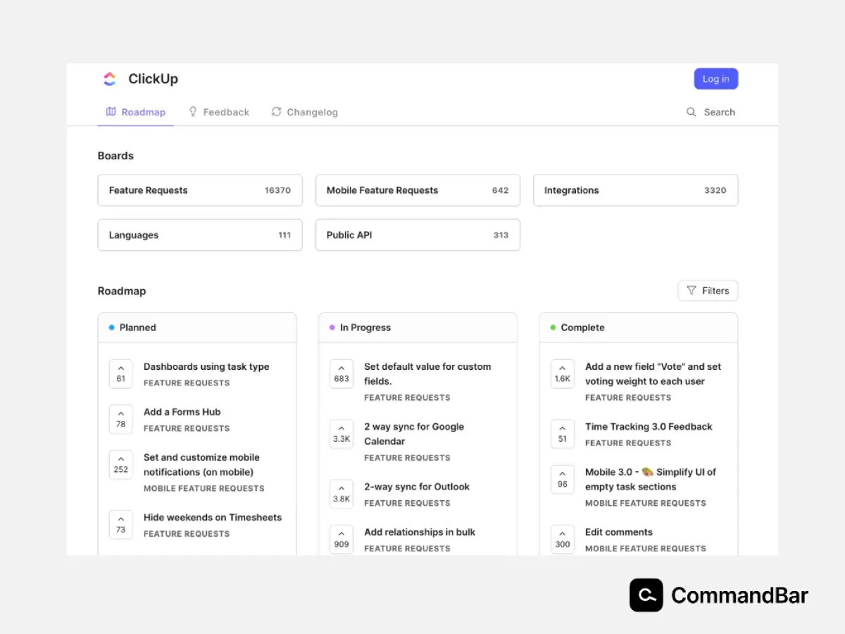 Clickup's public product roadmap